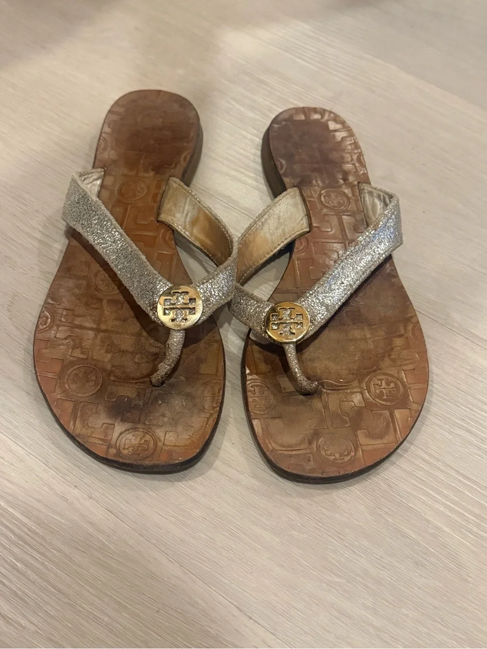 Tory Burch Gold Metallic Logo Thong Sandals